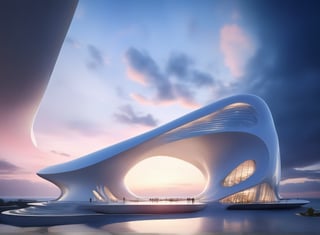 (master piece)(biomorphic building), smooth facade, zaha hadid, glass windows,  '90s warm light,concrete, Natural forest environment,minimalism, house with radiance , front street view,photo-realistic,hyper-realistic, parametric architecture,8k, ultra details,Low-rise building,Manufactured goods,Theatre stadium, Future Tower,ellipsoid,tarmac,Air terminal,seaside,musicality,less 
perforation,Tall and straight,freshness,Wide open space,Distant view,newage,At nightfall,Hale and hearty,Hard line,,
Nordic style,
An architectural wonder with a daring configuration and ground-breaking design.This structure could be a museum or a company building.4k image photo like,(detailed),Futuristic,Design,water,The wind,