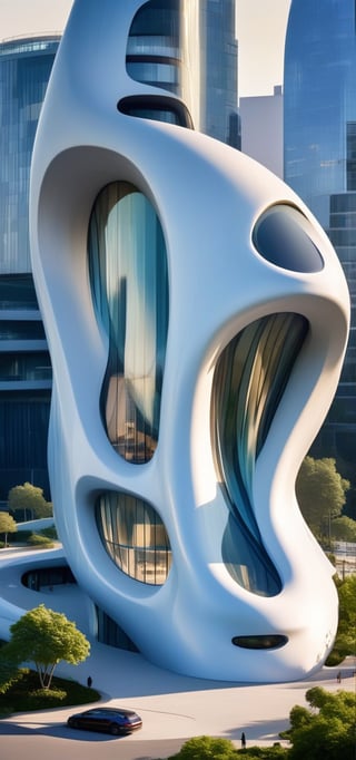 (master piece)(biomorphic building), smooth facade, zaha hadid, glass windows,  '90s warm light,concrete, Natural forest environment,minimalism, house with radiance , front street view,photo-realistic,hyper-realistic, parametric architecture,8k, ultra details,Low-rise building,Manufactured goods,Theatre stadium, Future Tower,ellipsoid,tarmac,Air terminal,seaside,musicality,less 
perforation,Tall and straight,freshness,Wide open space,Distant view,newage,

An architectural wonder with a daring configuration and ground-breaking design.This structure could be a museum or a company building.4k image photo like,(detailed),Futuristic,Design,water,The wind,