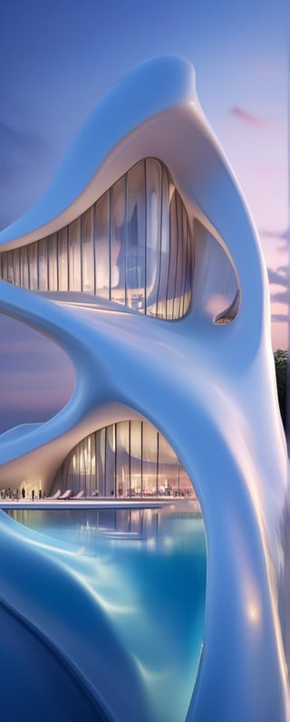 (master piece)(biomorphic building), smooth facade, zaha hadid, glass windows,  '90s warm light,concrete, Natural forest environment,minimalism, house with radiance , front street view,photo-realistic,hyper-realistic, parametric architecture,8k, ultra details,Low-rise building,Manufactured goods,Theatre stadium, Future Tower,ellipsoid,tarmac,Air terminal,seaside,musicality,less 
perforation,Tall and straight,freshness,Wide open space,Distant view,newage,At nightfall,Hard line,

An architectural wonder with a daring configuration and ground-breaking design.This structure could be a museum or a company building.4k image photo like,(detailed),Futuristic,Design,water,The wind,