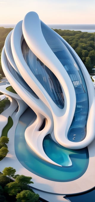 (master piece)(biomorphic building), smooth facade, zaha hadid, glass windows,  '90s warm light,concrete, Natural forest environment,minimalism, house with radiance , front street view,photo-realistic,hyper-realistic, parametric architecture,8k, ultra details,Low-rise building,Manufactured goods,Theatre stadium, Future Tower,ellipsoid,tarmac,Air terminal,seaside,musicality,less 
perforation,Tall and straight,freshness,Wide open space,Distant view,newage,

An architectural wonder with a daring configuration and ground-breaking design.This structure could be a museum or a company building.4k image photo like,(detailed),Futuristic,Design,water,The wind,