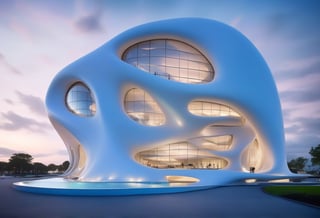 (master piece)(biomorphic building), smooth facade, zaha hadid, glass windows,  '90s warm light,concrete, Natural forest environment,minimalism, house with radiance , front street view,photo-realistic,hyper-realistic, parametric architecture,8k, ultra details,Low-rise building,Manufactured goods,Theatre stadium, Future Tower,ellipsoid,tarmac,Air terminal,seaside,musicality,less 
perforation,Tall and straight,freshness,Wide open space,Distant view,newage,At nightfall,Hale and hearty,Hard line,,
Nordic style,dream style,
An architectural wonder with a daring configuration and ground-breaking design.This structure could be a museum or a company building.4k image photo like,(detailed),Futuristic,Design,water,The wind,