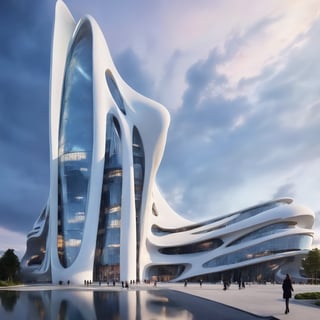 (master piece)(biomorphic building), smooth facade, zaha hadid, glass windows,  '90s warm light,concrete, Natural forest environment,minimalism, house with radiance , front street view,photo-realistic,hyper-realistic, parametric architecture,8k, ultra details,Low-rise building,Manufactured goods,Theatre stadium, Future Tower,ellipsoid,tarmac,Air terminal,seaside,musicality,less 
perforation,Tall and straight,freshness,Wide open space,Distant view,newage,At nightfall,Hale and hearty,Hard line,,
Nordic style,
An architectural wonder with a daring configuration and ground-breaking design.This structure could be a museum or a company building.4k image photo like,(detailed),Futuristic,Design,water,The wind,