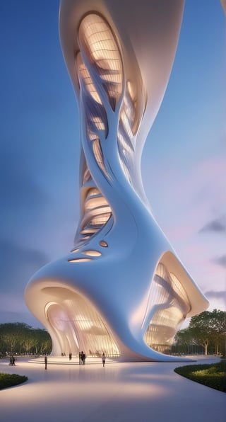 (master piece)(biomorphic building), smooth facade, zaha hadid, glass windows,  '90s warm light,concrete, Natural forest environment,minimalism, house with radiance , front street view,photo-realistic,hyper-realistic, parametric architecture,8k, ultra details,Low-rise building,Manufactured goods,Theatre stadium, Future Tower,ellipsoid,tarmac,Air terminal,seaside,musicality,less 
perforation,Tall and straight,freshness,Wide open space,Distant view,newage,At nightfall,Hard line,
Nordic style.
An architectural wonder with a daring configuration and ground-breaking design.This structure could be a museum or a company building.4k image photo like,(detailed),Futuristic,Design,water,The wind,