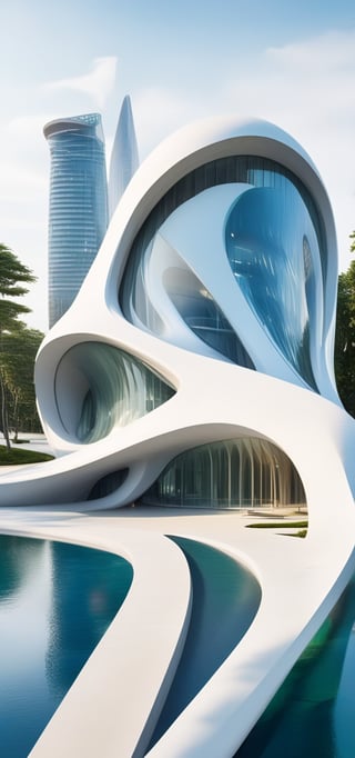 (master piece)(biomorphic building), smooth facade, zaha hadid, glass windows,  '90s warm light,concrete, Natural forest environment,minimalism, house with radiance , front street view,photo-realistic,hyper-realistic, parametric architecture,8k, ultra details,Low-rise building,Manufactured goods,Theatre stadium, Future Tower,ellipsoid,tarmac,Air terminal,seaside,musicality,less 
perforation,Tall and straight,freshness,Wide open space,Distant view,newage,

An architectural wonder with a daring configuration and ground-breaking design.This structure could be a museum or a company building.4k image photo like,(detailed),Futuristic,Design,water,The wind,