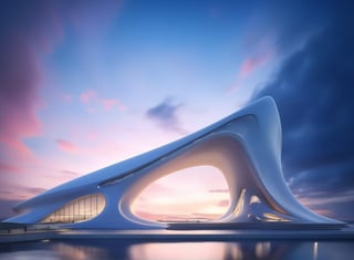 (master piece)(biomorphic building), smooth facade, zaha hadid, glass windows,  '90s warm light,concrete, Natural forest environment,minimalism, house with radiance , front street view,photo-realistic,hyper-realistic, parametric architecture,8k, ultra details,Low-rise building,Manufactured goods,Theatre stadium, Future Tower,ellipsoid,tarmac,Air terminal,seaside,musicality,less 
perforation,Tall and straight,freshness,Wide open space,Distant view,newage,At nightfall,Hale and hearty,Hard line,,
Nordic style,
An architectural wonder with a daring configuration and ground-breaking design.This structure could be a museum or a company building.4k image photo like,(detailed),Futuristic,Design,water,The wind,