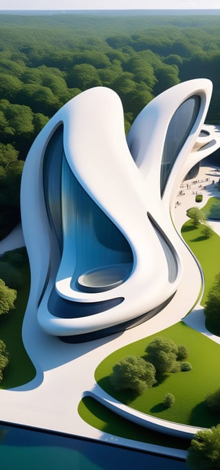 (master piece)(biomorphic building), smooth facade, zaha hadid, glass windows,  '90s warm light,concrete, Natural forest environment,minimalism, house with radiance , front street view,photo-realistic,hyper-realistic, parametric architecture,8k, ultra details,Low-rise building,Manufactured goods,Theatre stadium, Future Tower,ellipsoid,tarmac,Air terminal,seaside,musicality,less 
perforation,Tall and straight,freshness,Wide open space,Distant view,newage,

An architectural wonder with a daring configuration and ground-breaking design.This structure could be a museum or a company building.4k image photo like,(detailed),Futuristic,Design,water,The wind,