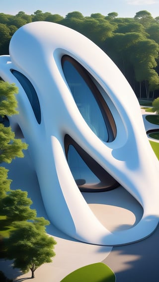 (master piece)(biomorphic building), smooth facade, zaha hadid, glass windows,  '90s warm light,concrete, Natural forest environment,minimalism, house with radiance , front street view,photo-realistic,hyper-realistic, parametric architecture,8k, ultra details,Low-rise building,Manufactured goods,Theatre stadium, Tower,ellipsoid,tarmac,Air terminal,seaside,musicality,less 
perforation,Tall and straight,freshness,Wide open space,Distant view,newage,

An architectural wonder with a daring configuration and ground-breaking design.This structure could be a museum or a company building.4k image photo like,(detailed),Futuristic,Design,water,The wind,