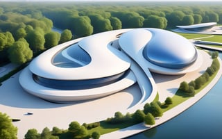 (master piece)(biomorphic building), smooth facade, zaha hadid, glass windows,  '90s warm light,concrete, Natural forest environment,minimalism, house with radiance , front street view,photo-realistic,hyper-realistic, parametric architecture,8k, ultra details,Low-rise building,Manufactured goods,Theatre stadium,Eiffel Tower,ellipsoid,tarmac,Air terminal,seaside,musicality,less 
perforation,Tall and straight,freshness,Wide open space,Distant view,newage,

An architectural wonder with a daring configuration and ground-breaking design.This structure could be a museum or a company building.4k image photo like,(detailed),Futuristic,Design,water,The wind,