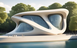 (master piece)(biomorphic building), smooth facade, zaha hadid, glass windows,  '90s warm light,concrete, Natural forest environment,minimalism, house with radiance , front street view,photo-realistic,hyper-realistic, parametric architecture,8k, ultra details,Low-rise building,Manufactured goods,Theatre stadium,Eiffel Tower,ellipsoid,tarmac,Air terminal,seaside,musicality,less 
perforation,Tall and straight,freshness,Wide open space,Distant view,newage,

An architectural wonder with a daring configuration and ground-breaking design.This structure could be a museum or a company building.4k image photo like,(detailed),Futuristic,Design,water,The wind,