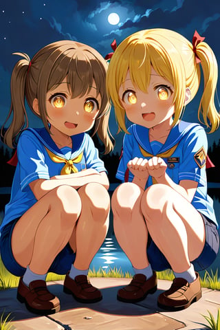 2_girls. loli hypnotized, happy_face, yellow_hair, brown hair, front_view, twin_tails, yellow_eyes, night lake, scout, blue shirt, blue short pants, squatting