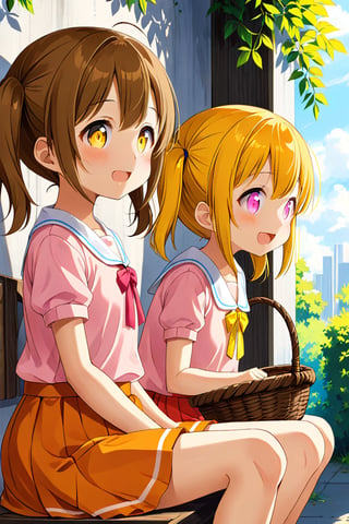 2_girls. loli hypnotized, happy_face, yellow_hair, brown hair, side_view, twin_tails, yellow_eyes, basket, pink shirt, orange skirt, sitting