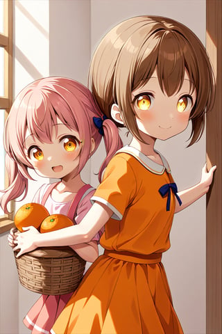 2_girls. loli hypnotized, happy_face, pink_hair, brown hair, side_view, twin_tails, yellow_eyes, basket, orange shirt, orange skirt, hugging