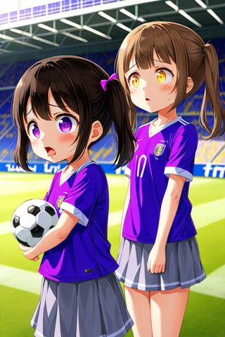 2_girls. loli hypnotized, sad_face, black_hair, brown hair, side_view, twin_tails, yellow_eyes, soccer, purple shirt, gray skirt, sticking_out_tongue, 