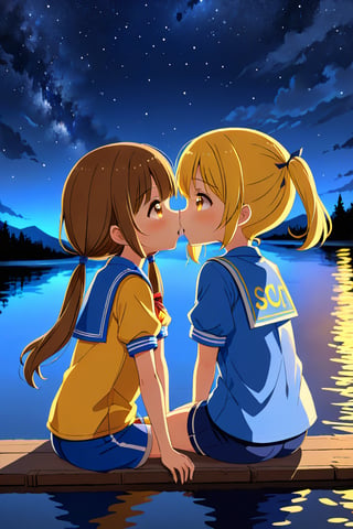 2_girls. loli hypnotized, happy_face, yellow_hair, brown hair, side_view, twin_tails, yellow_eyes, night lake, scout, blue shirt, blue short pants, sitting, kissing