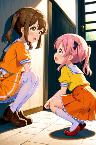 2_girls. loli hypnotized, happy_face, pink_hair, brown hair, side_view, twin_tails, yellow_eyes, basket, orange shirt, orange skirt, crouched, 