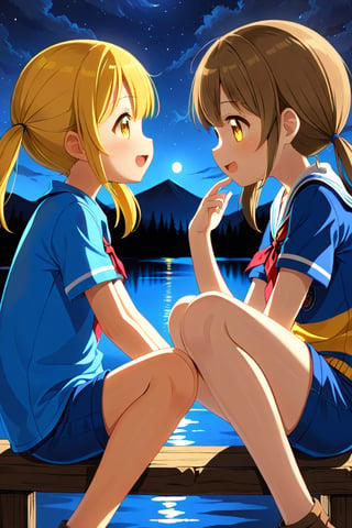 2_girls. loli hypnotized, happy_face, yellow_hair, brown hair, side_view, twin_tails, yellow_eyes, night lake, scout, blue shirt, blue short pants, sitting