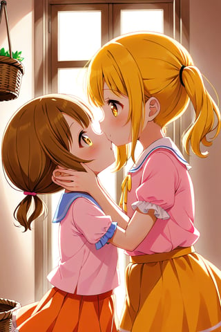 2_girls. loli hypnotized, happy_face, yellow_hair, brown hair, side_view, twin_tails, yellow_eyes, basket, pink shirt, orange skirt, kissing, hugging