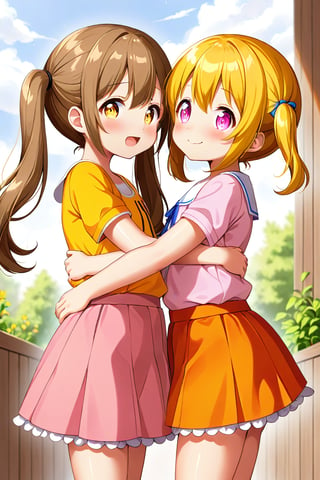 2_girls. loli hypnotized, happy_face, yellow_hair, brown hair, side_view, twin_tails, yellow_eyes, basket, pink shirt, orange skirt, hugging