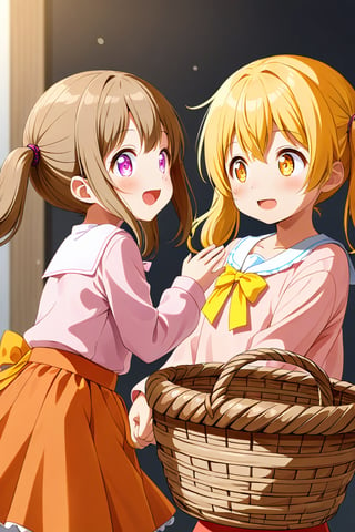 2_girls. loli hypnotized, happy_face, yellow_hair, brown hair, side_view, twin_tails, yellow_eyes, basket, pink shirt, orange skirt, 