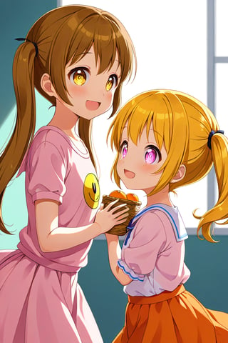 2_girls. loli hypnotized, happy_face, yellow_hair, brown hair, side_view, twin_tails, yellow_eyes, basket, pink shirt, orange skirt, 