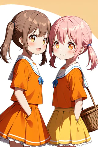 2_girls. loli hypnotized, happy_face, pink_hair, brown hair, side_view, twin_tails, yellow_eyes, basket, orange shirt, orange skirt, 