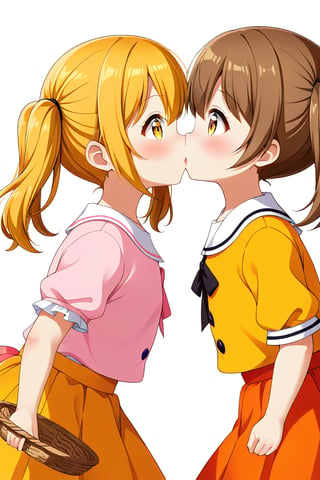 2_girls. loli hypnotized, happy_face, yellow_hair, brown hair, side_view, twin_tails, yellow_eyes, basket, pink shirt, orange skirt, kissing