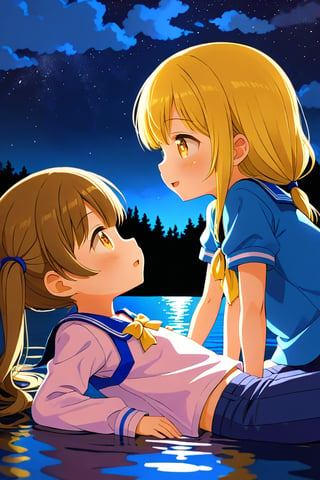 2_girls. loli hypnotized, happy_face, yellow_hair, brown hair, side_view, twin_tails, yellow_eyes, night lake, scout, blue shirt, blue short pants, lying, kissing