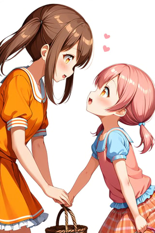 2_girls. loli hypnotized, happy_face, pink_hair, brown hair, side_view, twin_tails, yellow_eyes, basket, orange shirt, orange skirt, kissing