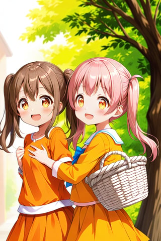 2_girls. loli hypnotized, happy_face, pink_hair, brown hair, side_view, twin_tails, yellow_eyes, basket, orange shirt, orange skirt, hugging