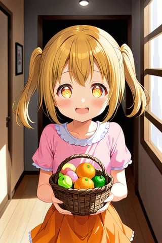 2_girls. loli hypnotized, happy_face, yellow_hair, brown hair, front_view, twin_tails, yellow_eyes, basket, pink shirt, orange skirt, 