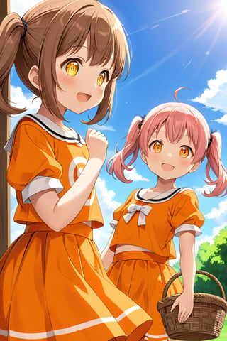 2_girls. loli hypnotized, happy_face, pink_hair, brown hair, side_view, twin_tails, yellow_eyes, basket, orange shirt, orange skirt, 