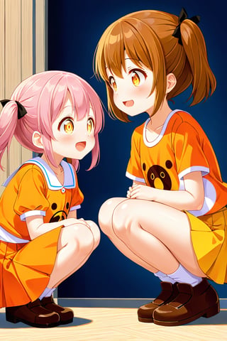 2_girls. loli hypnotized, happy_face, pink_hair, brown hair, side_view, twin_tails, yellow_eyes, basket, orange shirt, orange skirt, squatting, 