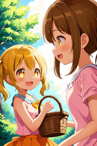 2_girls. loli hypnotized, happy_face, yellow_hair, brown hair, side_view, twin_tails, yellow_eyes, basket, pink shirt, orange skirt, 