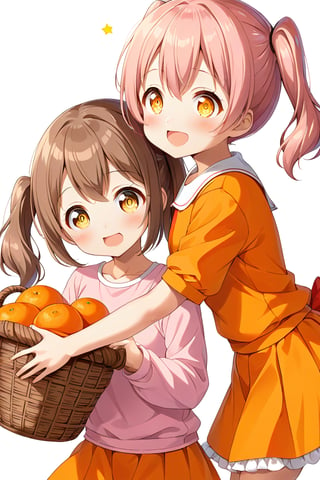 2_girls. loli hypnotized, happy_face, pink_hair, brown hair, side_view, twin_tails, yellow_eyes, basket, orange shirt, orange skirt, hugging