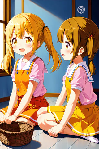 2_girls. loli hypnotized, happy_face, yellow_hair, brown hair, side_view, twin_tails, yellow_eyes, basket, pink shirt, orange skirt, sitting