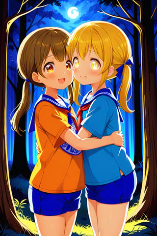 2_girls. loli hypnotized, happy_face, yellow_hair, brown hair, side_view, twin_tails, yellow_eyes, night forest, scout, orange shirt, blue short pants, hugging