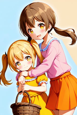 2_girls. loli hypnotized, happy_face, yellow_hair, brown hair, side_view, twin_tails, yellow_eyes, basket, pink shirt, orange skirt, hugging