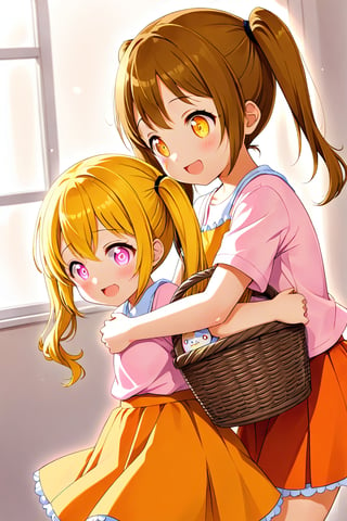 2_girls. loli hypnotized, happy_face, yellow_hair, brown hair, side_view, twin_tails, yellow_eyes, basket, pink shirt, orange skirt, hugging