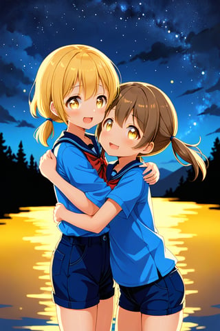 2_girls. loli hypnotized, happy_face, yellow_hair, brown hair, side_view, twin_tails, yellow_eyes, night lake, scout, blue shirt, blue short pants, hugging