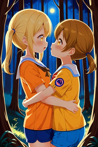 2_girls. loli hypnotized, happy_face, yellow_hair, brown hair, side_view, twin_tails, yellow_eyes, night forest, scout, orange shirt, blue short pants, hugging, kissing