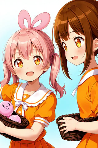 2_girls. loli hypnotized, happy_face, pink_hair, brown hair, side_view, twin_tails, yellow_eyes, basket, orange shirt, orange skirt, 