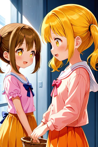 2_girls. loli hypnotized, happy_face, yellow_hair, brown hair, side_view, twin_tails, yellow_eyes, basket, pink shirt, orange skirt, 