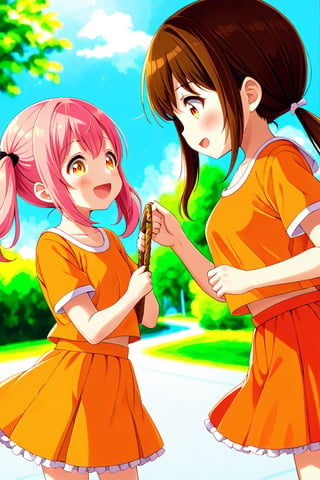 2_girls. loli hypnotized, happy_face, pink_hair, brown hair, side_view, twin_tails, yellow_eyes, basket, orange shirt, orange skirt, 