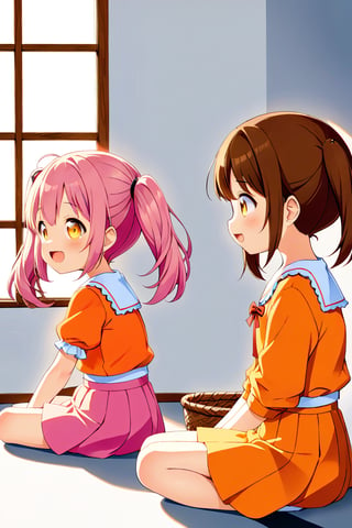 2_girls. loli hypnotized, happy_face, pink_hair, brown hair, side_view, twin_tails, yellow_eyes, basket, orange shirt, orange skirt, sitting