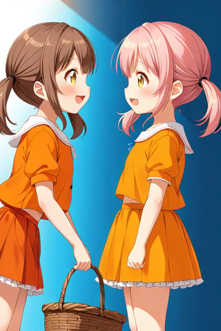 2_girls. loli hypnotized, happy_face, pink_hair, brown hair, side_view, twin_tails, yellow_eyes, basket, orange shirt, orange skirt, 