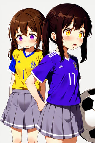 2_girls. loli hypnotized, sad_face, black_hair, brown hair, side_view, twin_tails, yellow_eyes, soccer, purple shirt, gray skirt, sticking_out_tongue, 