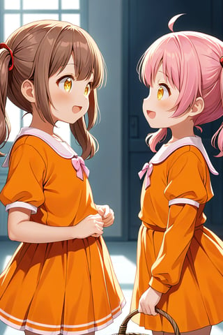 2_girls. loli hypnotized, happy_face, pink_hair, brown hair, side_view, twin_tails, yellow_eyes, basket, orange shirt, orange skirt, 