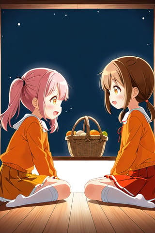 2_girls. loli hypnotized, happy_face, pink_hair, brown hair, side_view, twin_tails, yellow_eyes, basket, orange shirt, orange skirt, sitting