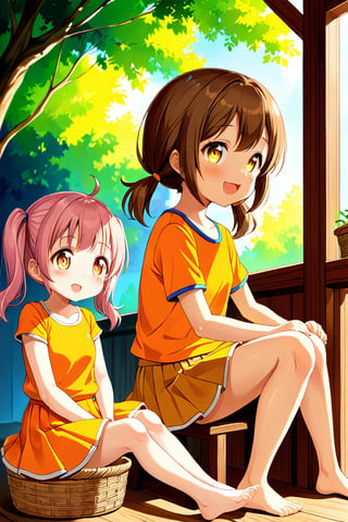 2_girls. loli hypnotized, happy_face, pink_hair, brown hair, side_view, twin_tails, yellow_eyes, basket, orange shirt, orange skirt, sitting