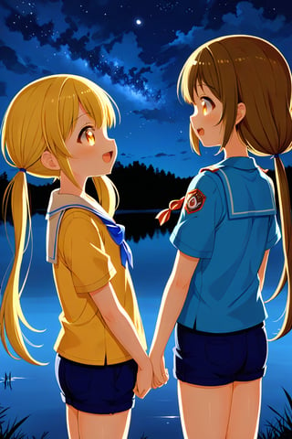 2_girls. loli hypnotized, happy_face, yellow_hair, brown hair, side_view, twin_tails, yellow_eyes, night lake, scout, blue shirt, blue short pants, 